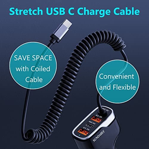 SUNDAREE Chargeur Voiture USB C,60W 4 Multi Port 12V PD QC Type C 1.8M Câble Spiralé Rapide Charge Prise Allume Cigare Automobile Chargeur for Xiaomi Redmi Note 11/Samsung Galaxy A22/iPhone 14/ Honor
