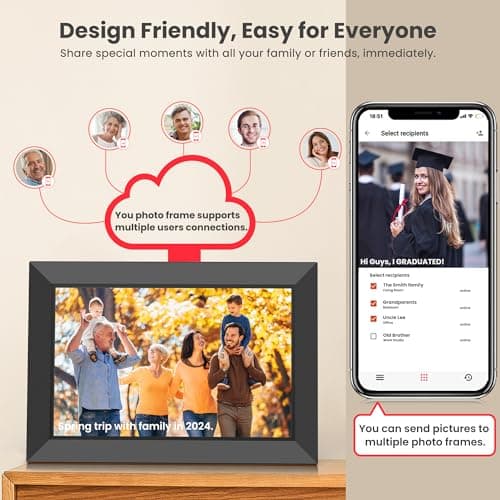 Frameo Cadre Photo Numérique WiFi 10,1 Pouces avec Mémoire Intégrée de 32 Go, Écran Tactile HD 1280x800 IPS pour Partager Photos et Vidéos, Support Multilingue, Rotation Automatique, Montage Mural