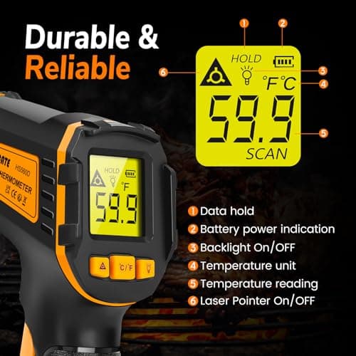 Thermomètre Infrarouge Laser Numérique Sans Contact Thermometre Cuisine -58°F~1112°F (-50°C~600°C) - Pour Patisserie, Chocolat, Bonbons, Barbec, Voiture, Viande, Conglateur - non pour les humains