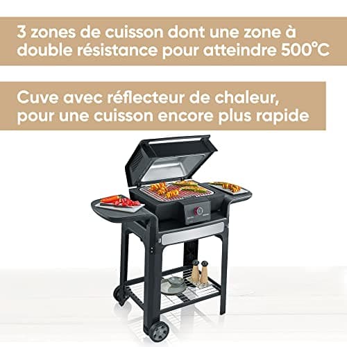 SEVERIN Barbecue électrique avec sonde thermique intégrée SEVO GTS, Gril électrique 3 000 W avec couvercle, Gril sur pieds, fonction démarrage rapide jusqu’à 500°C, Noir, PG 8107