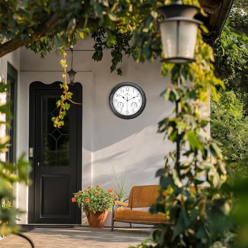 Lafocuse 30cm Horloge Murale Exterieure Etanche avec Thermomètre et Hygromètre, Vintage Noir Pendule Murale Retro, Silencieuse Shabby Chic Deco pour Extérieur, Jardin, Balcon, Salle de Bain, Cuisine
