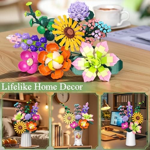 Kit de Construction Bouquet de Fleurs, 861 PCS Flowers Artificielles pour Bureau et Maison, 2024 Cadeau pour Enfants de 6+, Anniversaires, Fête des Mères, Saint-Valentin, Vacances de Noël