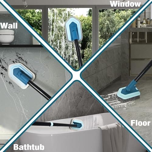 JEHONN Brosse de Nettoyage 4 en 1 avec Long Manche, Brosse à Récurer de Douche, 4 Différentes Brush pour Salle de Bain, Baignoire, Sol, Mur, Plinthe (Bleu)