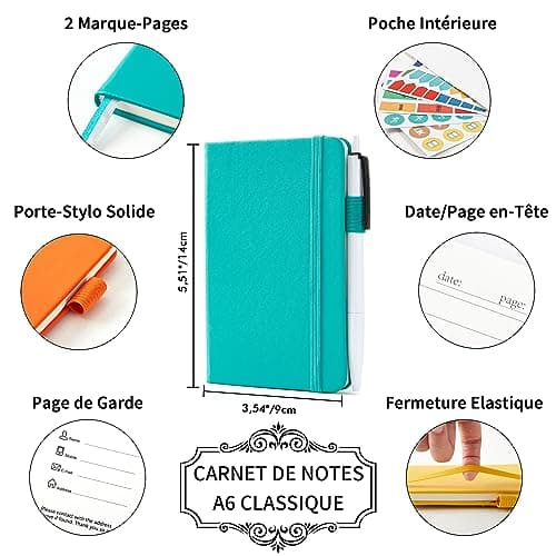feela 3 Carnet de Notes de Poche A6 avec 3 Stylos Noirs, Page Lignée, Petit Carnet de Poche à Couverture Rigide avec Porte-Stylo, Bloc Note A6, 9 x 14 cm, Couleurs Unies (Jaune, Orange, Emeraude)