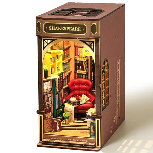ROBOTIME Book Nook Kit avec Lumières LED, Booknook Puzzle 3D en Bois Livre Décoration de la Chambre Noël Anniversaire Cadeaux pour Filles Femme - Shakespeare's Bookstore