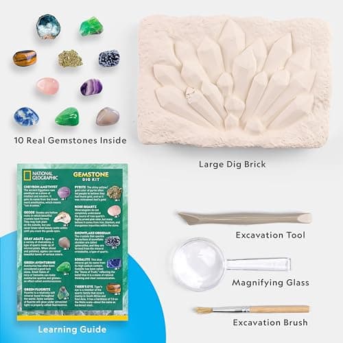 NATIONAL GEOGRAPHIC Kit d'Excavation de Gemmes avec 10 Véritables Pierres Précieuses pour Enfants, Découvrez Les Pierres Précieuses avec des Outils d'Excavation et Une Loupe, Kits de Science