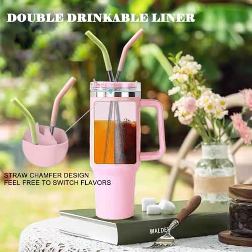 TOEECY Stanley Cup Accessoires 2 en 1 avec doublure en Silicone Intérieur Séparateur Réutilisable Paille Insérable pour Gobelet 40 oz (Rose)
