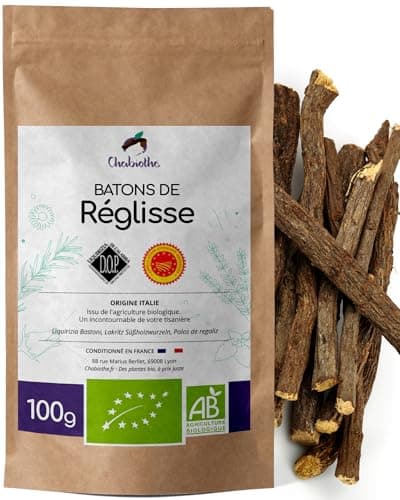 Chabiothé - bâtons de réglisse BIO 100g - IGP Italie, Calabre - sachet biodégradable - minimum 10 bâtons à mâcher - conditionné en France