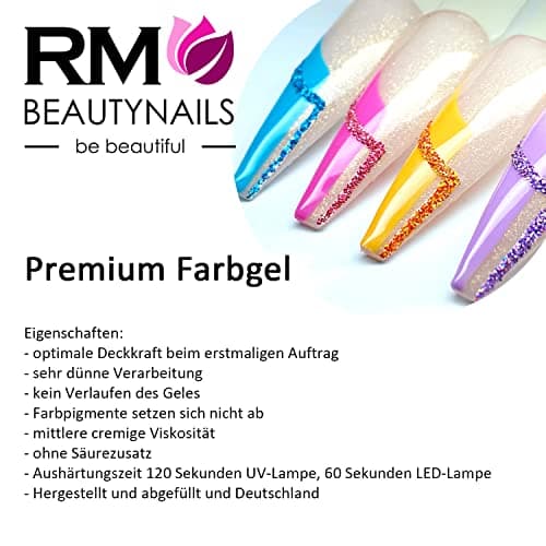 RM Beautynails Gel à ongles durcissable sous lampe UV, couleur métallique, nombreuses couleurs au choix, 5 ml, pas de sédimentation des pigments, très grand pouvoir couvrant