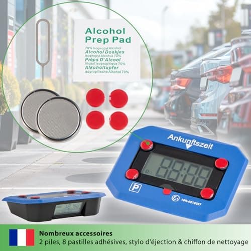 fouraces Disque de stationnement électronique - Automatique, Heure d'été et d'hiver - indicateur de Batterie, Homologation, Batterie de Rechange, pour Voiture, Bleue, Bleu