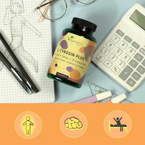 L-Tyrosine Plus 1200 mg | THYROIDE* | Avec Iode, Selenium et Vitamine B | Énergie + Fatigue Mentale | 180 Gélules | VEGAN et SANS ADDITIFS | Vegavero®