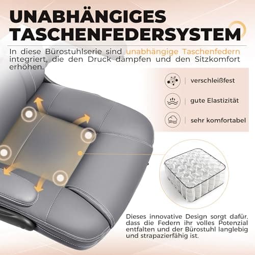 DoChair Chaise Bureau en Cuir Ergonomique Fonction d'oscillation 135°Chaise Pivotante Réglable en Hauteur avec Appui-tête Accoudoirs Réglables, Gris