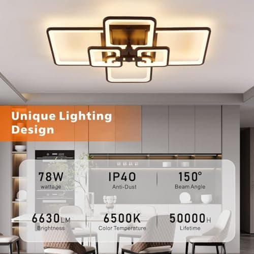 HIHIHOMY Plafonnier Led Dimmable, Plafonnier Moderne LED Lustre Salon Dimmable 78W 6 Rectangle Géométrique Plafonnier de Salon Éclairage de Plafond Multifonctionnel pour Chambre, Bureau, Noire
