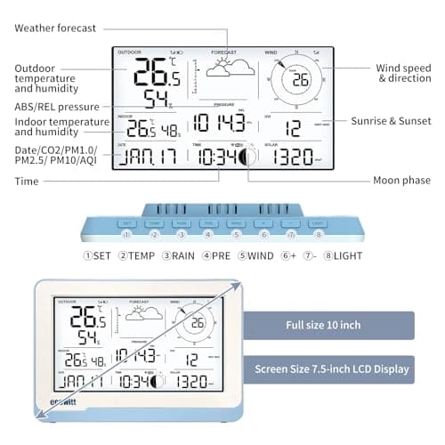 ECOWITT Station météo avec capteur extérieur WS3800, 7 en 1, WiFi, station météo solaire WS69, pour la maison, console LCD d'intérieur sans fil de 7,5" pour le jardin, contrôle intelligent de liaison
