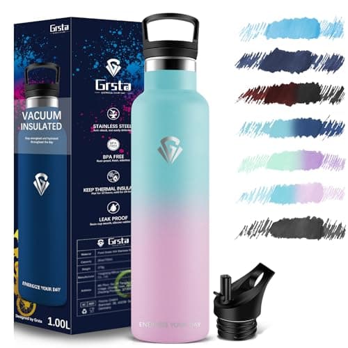 Grsta Gourde - Gourde Isotherme 1l - Bouteille Isotherme, Gourde Sport sans BPA, Gourde INOX Reutilisable, Gourde avec Paille pour école, Gym, Bureau