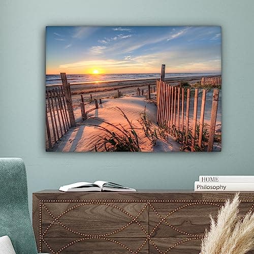 MuchoWow© Impression sur Toile Decoration Murale Peinture 70x50 cm Tableaux Decoratifs Muraux Déco Chambre Tableau Salon Dune - Coucher de soleil - Plage - Plantes - Mer
