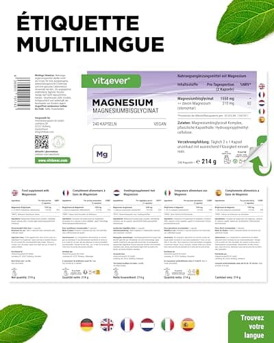 Bisglycinate de magnésium - 240 gélules - Premium : Magnésium chélaté - 155 mg de magnésium élémentaire par gélule - Vegan - Formule à haute dose