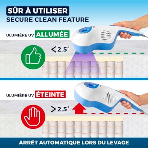 CLEANmaxx aspirateur à acariens avec lumière UV-C stérilisante | Aspirateur à Matelas avec Filtre HEPA, détruit 99,9% de Tous Les acariens | Nettoie et désinfecte en Une Seule étape