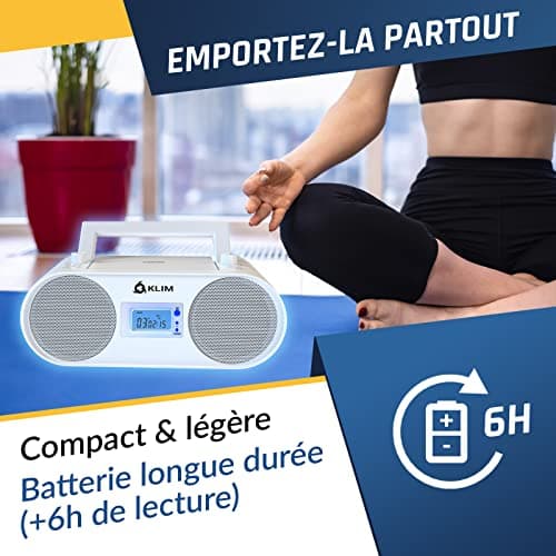 KLIM Boombox B4 Poste Radio CD Portable + Radio AM/FM, CD, Bluetooth, USB, MP3 + Mode Filaire et sans Fil avec Piles Rechargeables + Télécommande, Mode Veille Auto + Lecteur CD Portable + Blanc