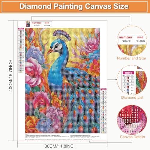 KEYIFA Paon Diamond Painting Complet Kit, DIY Fleurs Cristal Art Toile Kit Peinture, 5D Fleurs Paon Diamond Painting Adultes, Accessoires Diamant Painting pour Murale Décoration 30x40CM