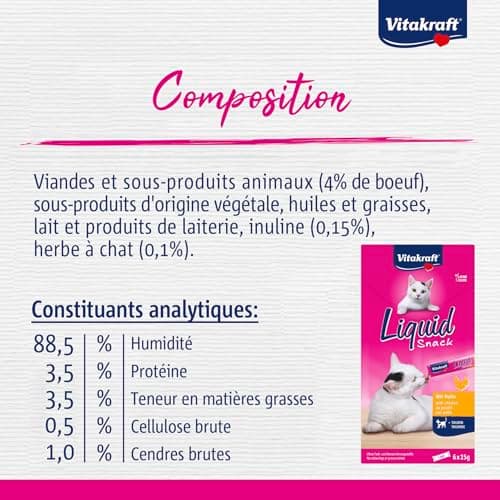 Vitakraft Liquid Snack - Friandise liquide pour chats au Bœuf et à l'herbe à chat - Soutient la flore intestinale - Faible en calories (6 x 15g)