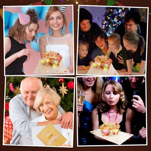 Shinybox Carte 3D Joyeux Anniversaire avec Lumières et Musique Blowable LED, Cartes D'anniversaire Pop-up 3D avec Enveloppe et Étiquette de Note pour Enfants, Femmes, Hommes, Épouse, Maman