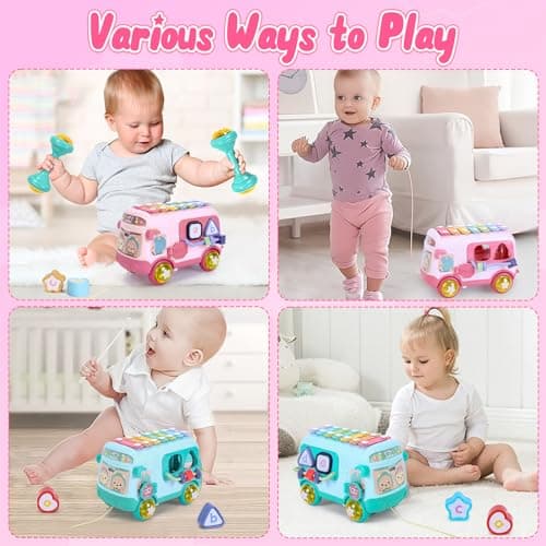 Yellcetoy Jouet Fille 1 an, Jouets Bebe 12 à 18 Mois Bus Musicaux Sensoriel avec Xylophone, Trieur de Formes Jouet éducatif précoce, Cadeaux d'anniversaire pour Les Enfant 12 Mois+