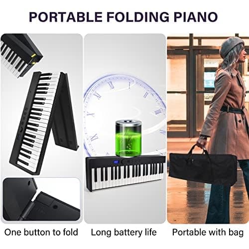 Clavier de piano pliant Kime, clavier électrique Piano 88 touches Clavier pliable de piano numérique semi-pondéré avec pédale de sustain Bluetooth MIDI, porte-feuille de musique, sac de transport