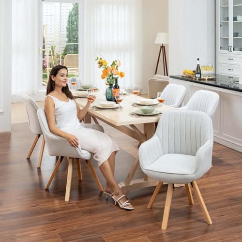 MEUBLE COSY Lot de 6 Chaise Salle à Manger Scandinave Fauteuil Coiffeuse Siège Pivotant avec Accoudoirs pour Chambre Salon Cuisine Bureau, Rembourré en Tissu Pieds en Bois Massif, Beige, 60x58x83cm