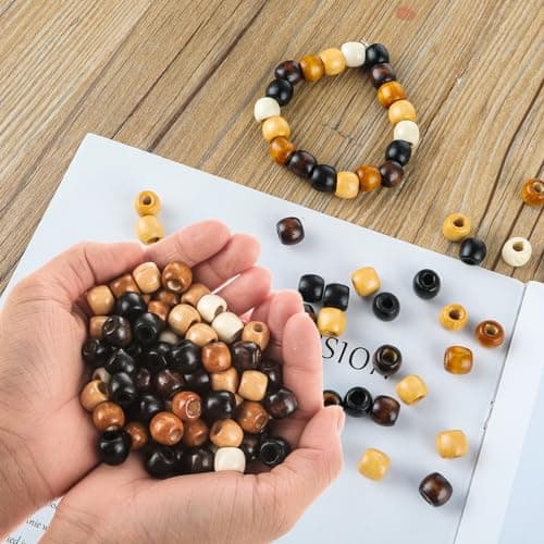 Andibro Lot de 200 perles en bois, 5 couleurs, grands trous, pour le bricolage, les dreadlocks, les tresses de cheveux, le macramé, la fabrication de bijoux