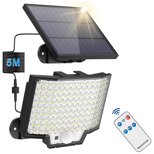 Lampe Solaire Exterieur avec Detecteur de Mouvement et Telecommande, Lumiere Solaire Exterieur IP67, 126 LED/3 Modes Eclairage Exterieur Solaire, pour Patio Projecteur Solaire Exterieur -1 Pièce