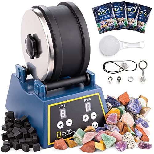NATIONAL GEOGRAPHIC Kit de culbuteur de Roches – très Grande capacité de 1,36 kg, 1,36 kg de Pierres précieuses brutes, 4 Grains de Polissage, fermoirs à Bijoux, Un kit Scientifique et éducatif STEM