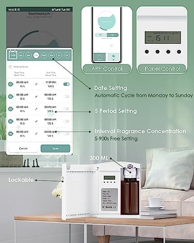 Mxmoonant Electrique Diffuseur d'Huiles Essentielles sans Eau, Mural, Couvrant 60-100m2, 300ml Bouteille d'huile, Contrôle d'Application&Timer, pour Grande Piece, Bureau, Magasin, Hotel