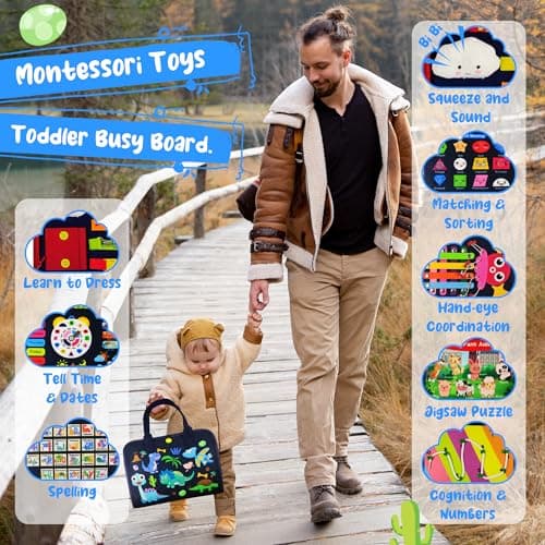 TenFans Busy Board - Jouet Montessori pour 1 2 3 4 Ans - Jouets sensoriels - Cadeaux pour garçons pour Apprendre la motricité Fine - Activités éducatives - Jouet de Voyage pour Voiture et Avion