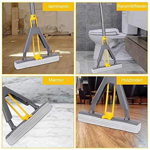 Masthome Balai éponge Absorbant avec Essoreur, Serpillere avec Poignée Réglable de 130 cm, 3 Réutilisables PVA éponge Head, Balai Vadrouille éponge pour Nettoyage Sols