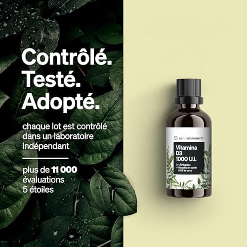 natural elements Vitamine D3 – 1000 U.I. Vitamine D par goutte – 50 ml (1700 gouttes) – enhuile TCM de noix de coco – fortement dosée, liquide