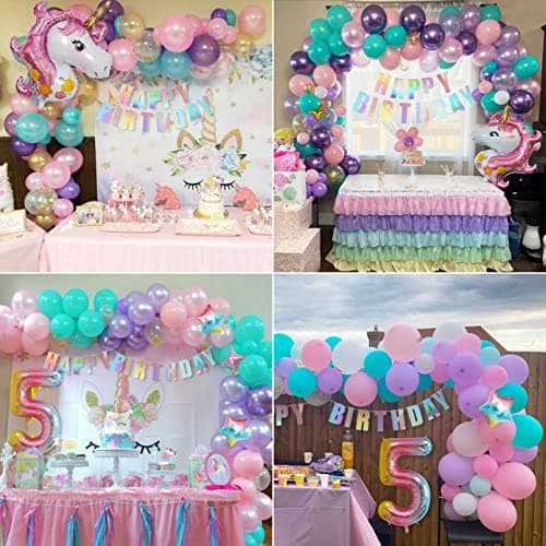 5 Ans Licorne Ballons Arche Anniversaire Décorations Fille, 120 Pièces Kit Pastel Ballon avec 3D Licorne Macaron Rose Violet Latex Confetti Numéro 5 Ballons Joyeux Anniversaire Bannière Cake Toppers