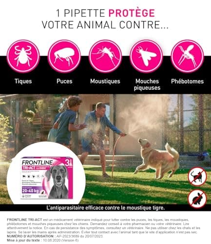 FRONTLINE Tri-Act Chien - Anti Puces, Tiques, Moustiques, Phlébotomes & Mouches - Pour Gros Chien De 20 à 40 kg - Fabriqué En France - 3 Pipettes Application Spot On