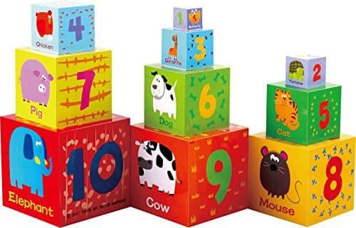 TOWO Cubes emboitables en Bois - Pyramide Cubes a empiler Bebe pour Apprendre à Compter - Lot de 10 Cubes éducatif -Montessori - Apprendre Les Animaux - Jouets en Bois éducatif pour Enfant 2 Ans