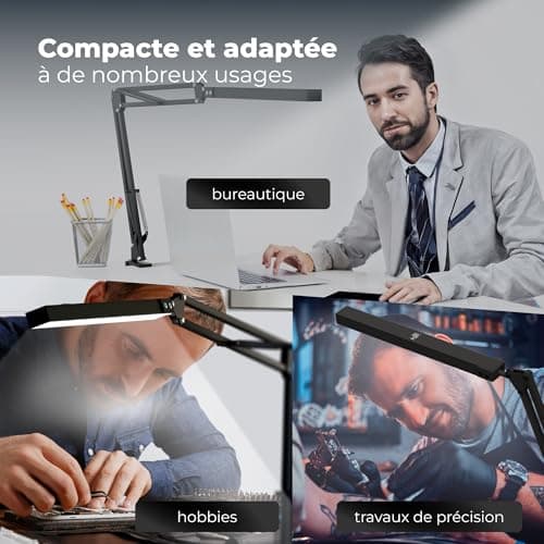 lampework Lampe de Bureau LED Puissante - Lumière Ajustable avec Bras Articulé et Pince - Éclairage Professionnel en Aluminium - Lampe LED Dimmable avec Modes de Couleur pour Bureau, Lit et Table