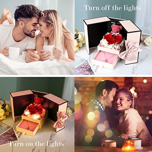 ADDWel Cadeau Fete des Meres Original, Rose Eternelle avec Bijoux avec Collier Je t'aime en 100 Langues, Fête des Mères, Rose Préservée Fleur Cadeau Maman/Mamie, Cadeau Anniversaire Maman