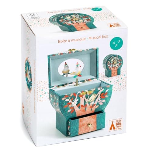 DJECO Boîte à Musique et Bijoux en Bois dès 4 ans - Rangement Bijoux avec Intérieur en Velours et 1 Tiroir - Cadeau Décoratif Unique - Figurine, Mélodie, Miroir et Illustrations - Arbre Poétique