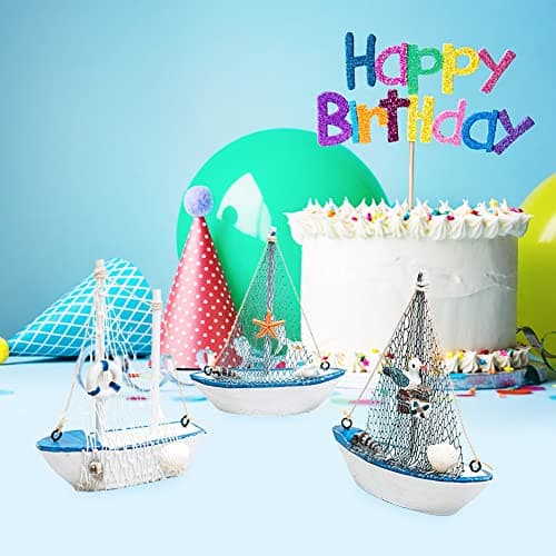 JAWSEU Modèle de Voilier en Bois, Mini Voilier Modèle Décoration Miniature Bateau à Voile Nautique Ornements de Voilier Petits Bateaux en Bois avec Filet Pêche Jouet de Marine Ornements de Table