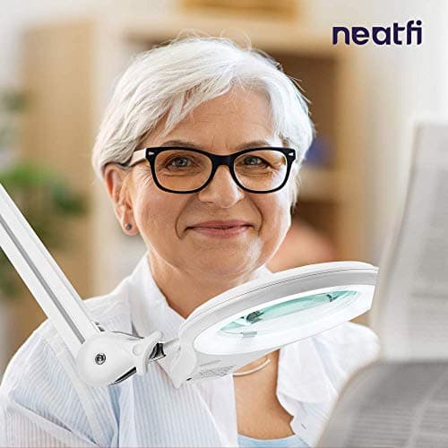 Neatfi Bifocals Lampe loupe Super LED 1 200 lumens avec base pivotante à 5 roues, double dioptrie 5/20, intensité variable, 60 LED SMD, lentille de 12,7 CM de diamètre (Blanc)