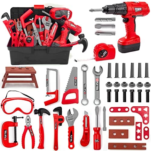 Hyrenee 48 Pièces Outils de Travail Jouet Enfants Constructions Boîte à Outils avec Perceuse Jeu D'imitation Jeu Éducatif Anniversaire Noël Cadeau pour Enfants 3 4 5 6 7 8 Ans(Rouge)