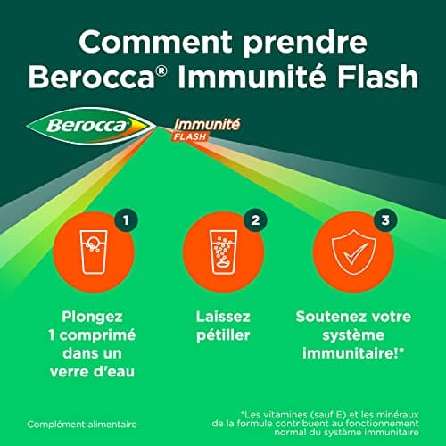 Berocca® Immunité Flash - Soutient le système immunitaire - Formule concentrée - Vitamines & minéraux - Vitamine C, D - Zinc -Sélénium - Fer - Complément alimentaire - 2X30 cp effervescents
