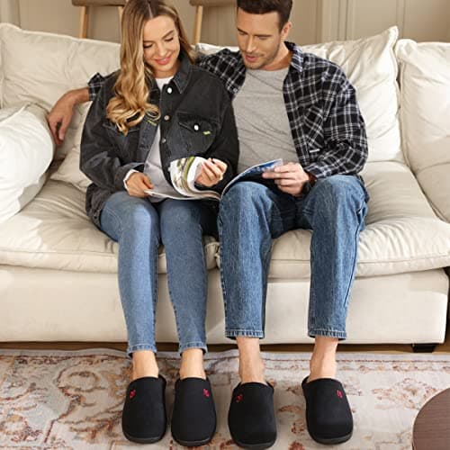WateLves Chaussons Homme Pantoufle Femmes Hiver Court Peluche mémoire Mousse Chaud Coton Mixte Adulte (Noir Rouge, 42/43EU)