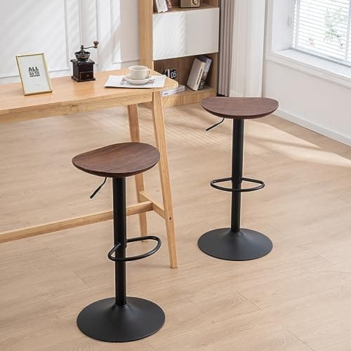 Kidol & Shellder Tabouret de Bar Bois Massif Métal Chaise de Comptoir sans Dossier Rotation 360° Comptoir de Cuisine Hauteur Réglable Noyer Set de 2 Pièces...