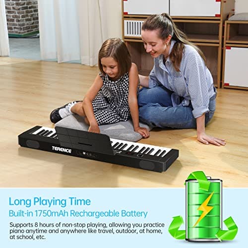 TERENCE Piano Numérique 61 Touches Lumineuses support de partitions semi-lestées avec Stands et Batterie de 1750mAh et interface MIDIBluetooth Sacs pour Clavier Câble audio Casque Noir