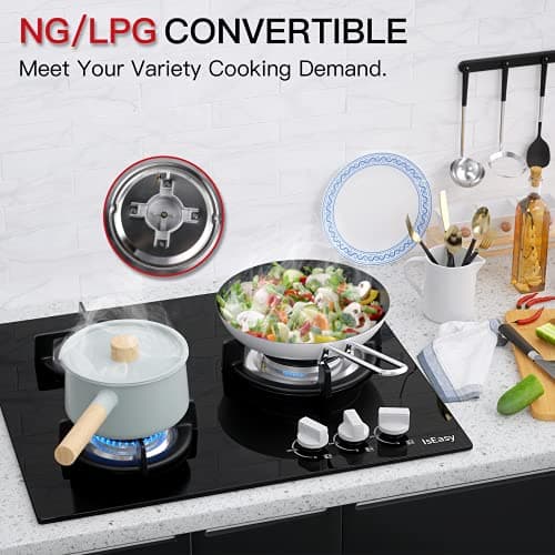 IsEasy Plaque Gaz 3 Feux, Plaque de Cuisson Gaz 3 Feux, Naturel/Propane/Butane (3 Brûleurs) Noir